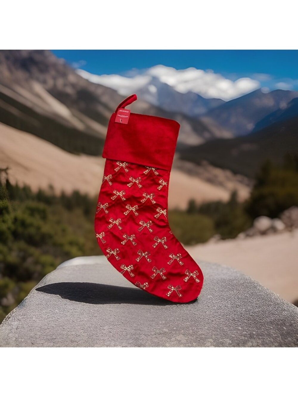 Wondershop Target VELVET SEQUIN EMBROIDERED BOWS CHRISTMAS STOCKING RED GOLD 18"